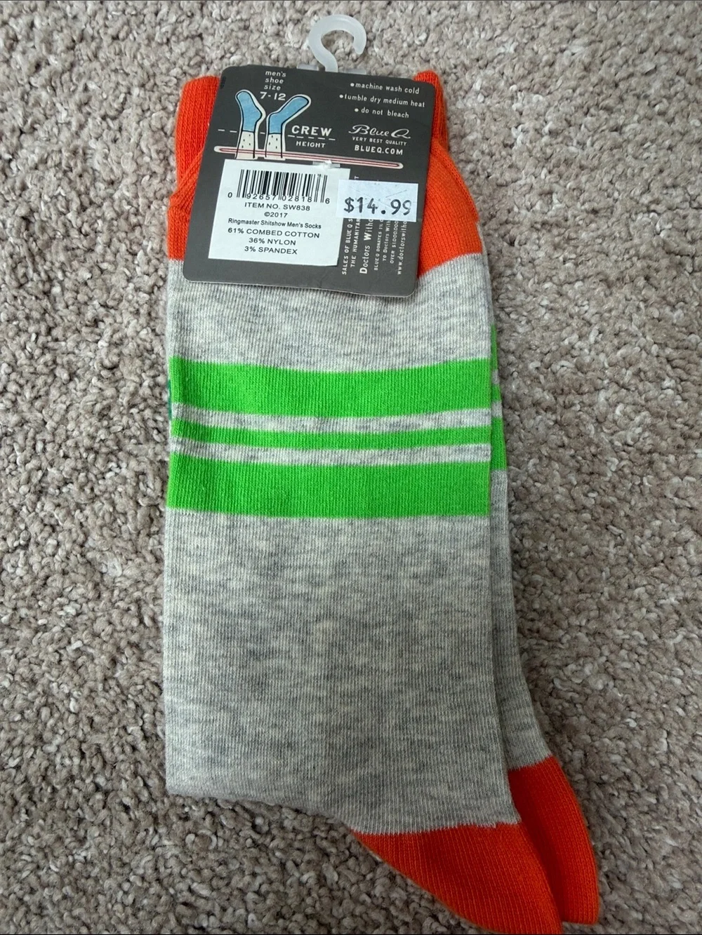 Blue Q Gray Crew Socks with Orange Toe & Cuff, Green & Teal Accents